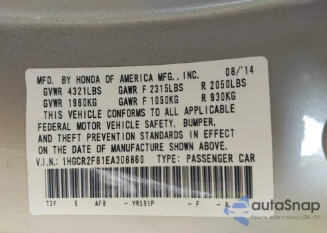 2014 Honda Accord Ex-L z USA, uszkodzony, nr VIN 1HGCR2F81EA308860